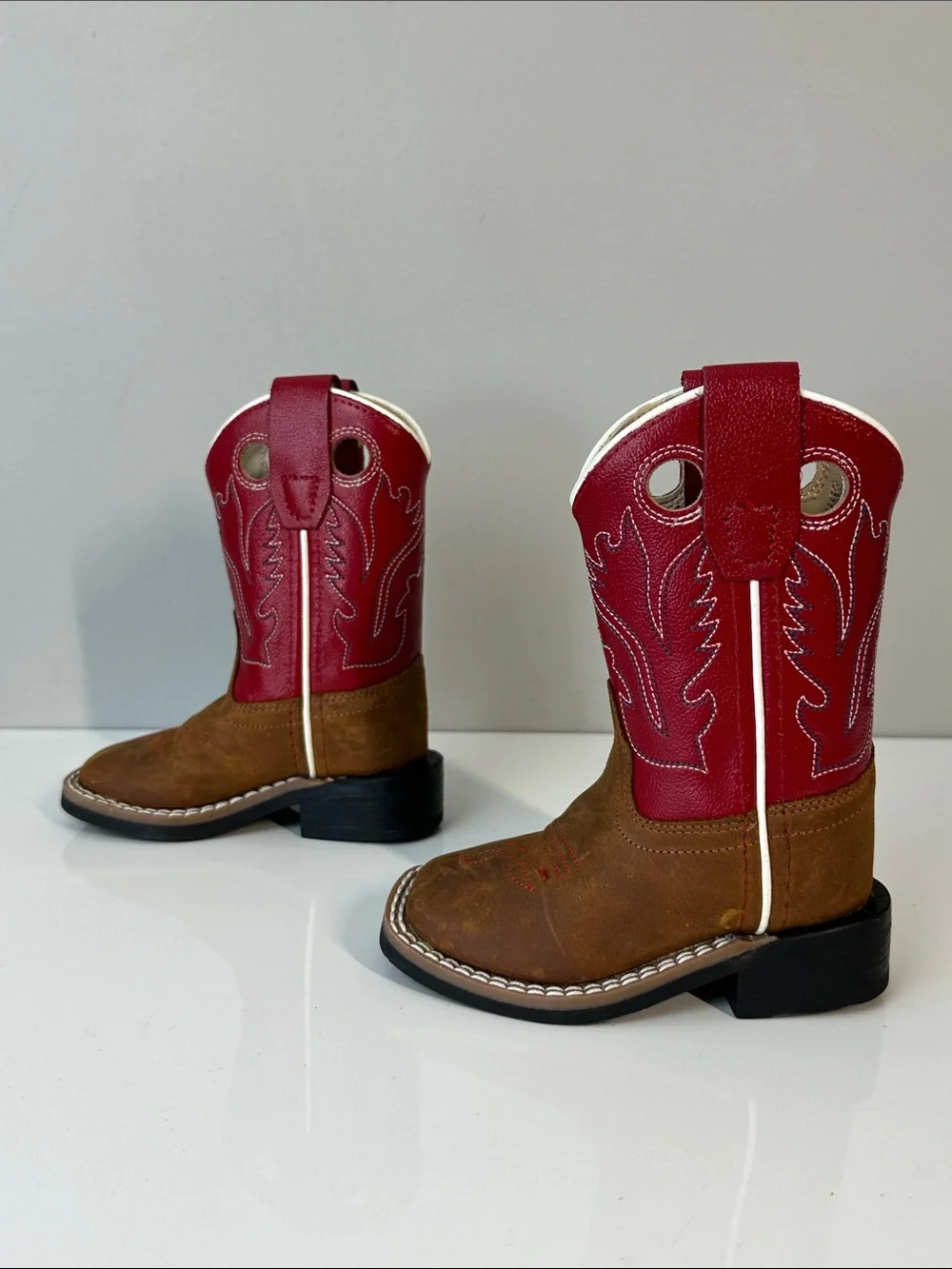 Old West Red Kids Distress Leather Broad Square Toe Cowboy Boots Size 4 Western